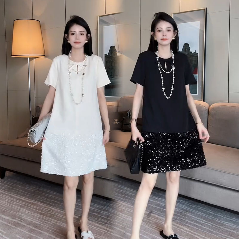 欧货T恤裙圆领蝴蝶结拼亮片裙摆