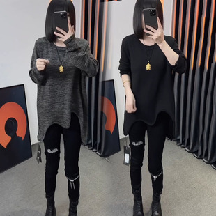 中长款打底衫女2025秋冬新款不规则下摆宽松遮肉长袖针织T恤大衫