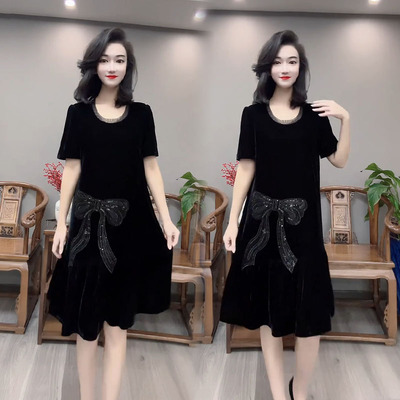 烫钻蝴蝶结蕾丝美背丝绒连衣裙女