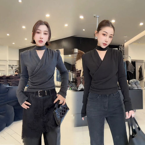 茶歇领修身显瘦挂脖打底长袖T恤