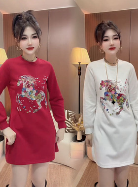 欧货时尚长袖圆领重工连衣裙女2026早春新款修身显瘦本命年裙子潮