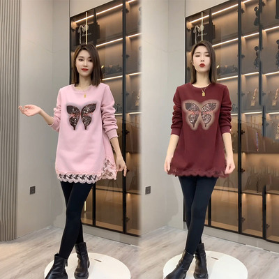 欧货重工亮片蝴蝶加绒卫衣女2025秋冬新款宽松显瘦中长款打底衫潮