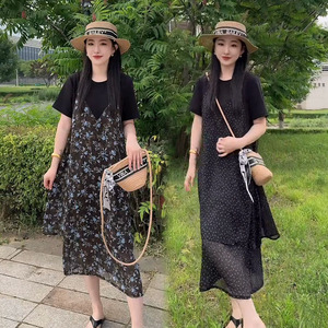2026夏季新款复古时尚假两件碎花拼接连衣裙女洋气显瘦百搭A字裙