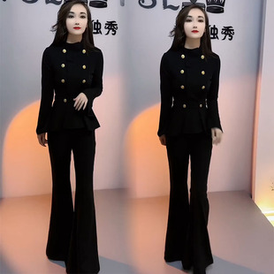 时尚套装2023年春季新款韩版气质收腰显瘦名媛风上衣喇叭裤女两件