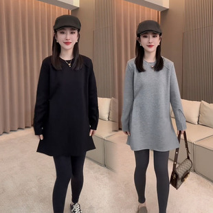 2026秋季新款休闲侧开叉T恤女圆领宽松显瘦中长款长袖打底衫上衣