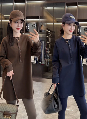 休闲扣子纯色中长款T恤女2025秋季新款简约长袖圆领时尚百搭上衣