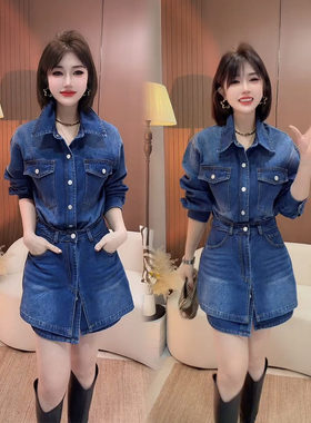 韩版休闲衬衫围裙牛仔时尚套装女