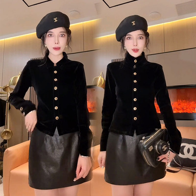 欧货丝绒修身显瘦长袖金扣衬衫女
