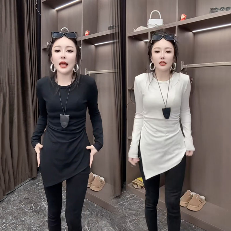 简约圆领不规则2025春季新款长袖T恤女显瘦百搭遮肉上衣冬季打底