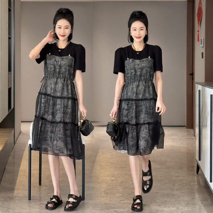 韩版时尚气质连衣裙女2025夏季新款水墨吊带网纱中长款假两件裙子