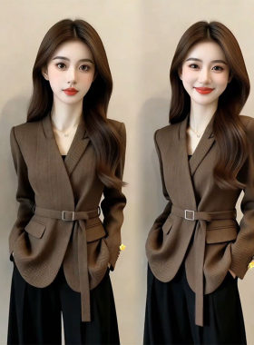 高级感西装女2026春季新款通勤OL名媛风翻领外套系带百搭长袖西服