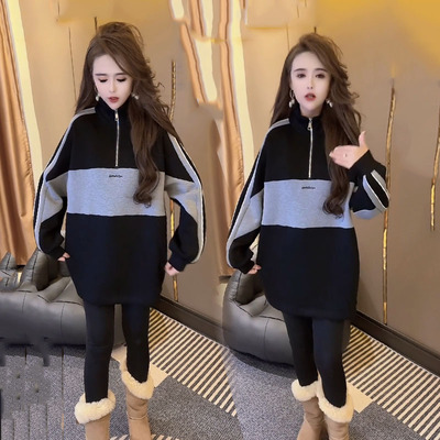 时尚洋气百搭休闲连衣裙女2025春秋新款撞色拼接拉链中长款冬卫衣