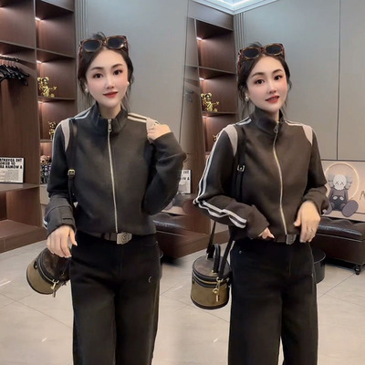 拼接袖杠条拉链百搭立领短外套女