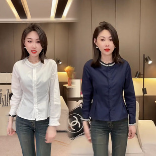 2025秋季新款气质百搭重工衬衫女洋气时尚收腰设计圆领镶钻上衣美