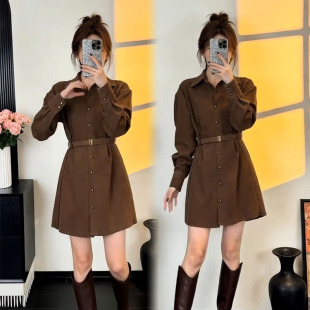 小香风气质收腰连衣裙2026早春新款 裙 美拉德色翻领单排扣腰带衬衫