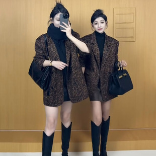 中长款豹纹加棉西装外套女2025秋冬新款赫本风长袖休闲鹿皮绒西服