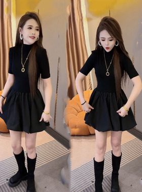 时尚法式气质黑色蓬蓬裙女2025春夏新款高级感收腰显瘦短袖打底裙