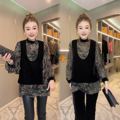 碎花雪纺衫金丝绒马甲时尚套装女