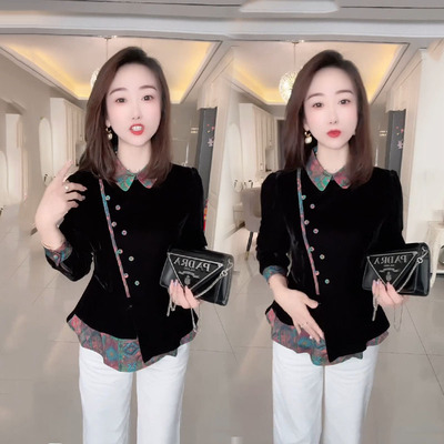 国风时尚气质显瘦拼接丝绒衬衫女