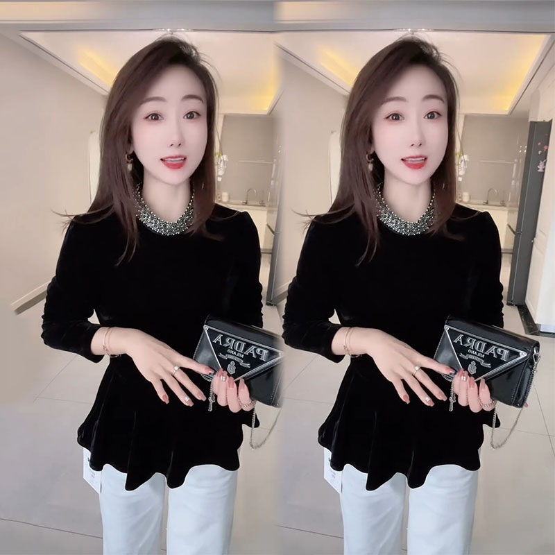 时尚气质轻奢丝绒上衣2025秋季网红新款修身显瘦遮肉长袖收腰T恤,女装/女士精品,T恤,淘宝优惠券,粉丝福利购,淘宝优惠卷