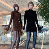 简约时尚 百搭T恤潮 高级感网红长款 高领开叉丝绒衫 女2025秋冬新款