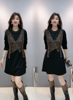 豹纹洋气时尚爆款连衣裙女2025春秋新款气质百搭马甲拼接修身裙子