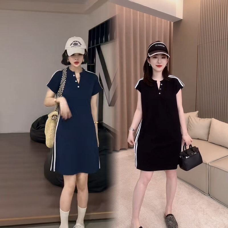 欧货拼接显瘦时尚撞色连衣裙女2025夏季新款宽松减龄V领休闲裙女