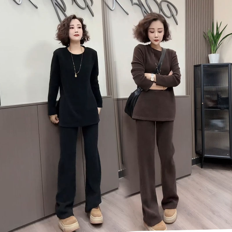 慵懒风休闲时尚套装女2026秋冬新款圆领坑条棉大衫阔腿裤两件套潮