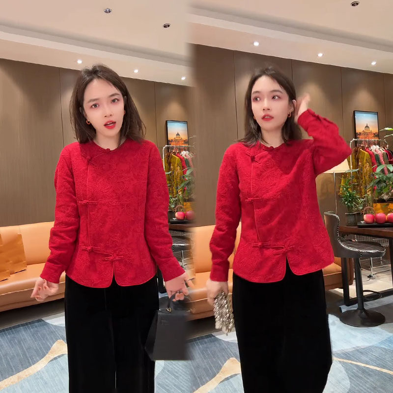 2025冬季新款国潮风轻奢气质红色圆领刺绣提花盘扣长袖中式上衣女,女装/女士精品,上衣,淘宝优惠券,粉丝福利购,淘宝优惠卷