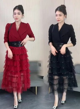 高端轻奢气质长袖西服蛋糕裙女2025春季新款收腰遮肚一片式长裙美