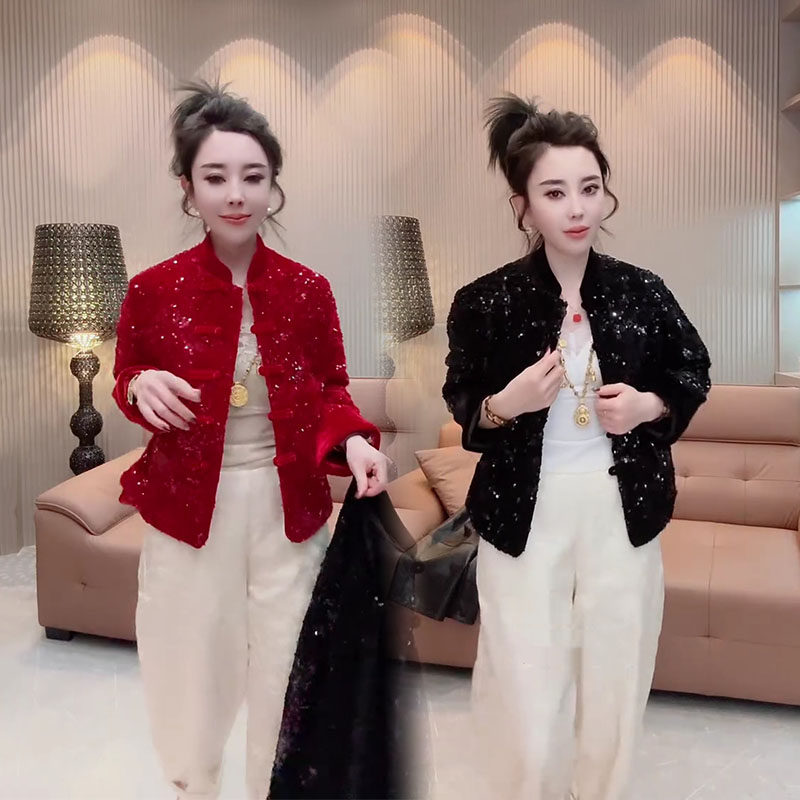 时尚亮片刺绣国风盘扣棉服女2025冬季新款新中式宽松复古丝绒外套,女装/女士精品,棉衣/棉服,淘宝优惠券,粉丝福利购,淘宝优惠卷