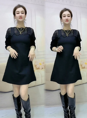 时尚减龄镂空蕾丝拼接连衣裙女2026早春新款简约气质休闲宽松显瘦