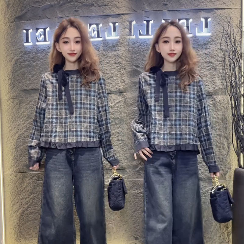 2026年秋季新款上衣韩系复古格子蝴蝶结圆领长袖木耳边短款衬衫女