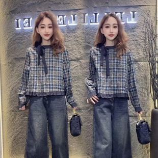 2026年秋季新款上衣韩系复古格子蝴蝶结圆领长袖木耳边短款衬衫女