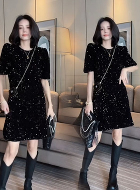 2025年春秋新款连衣裙韩版重工轻奢风亮片绣高级感中长款冬打底裙