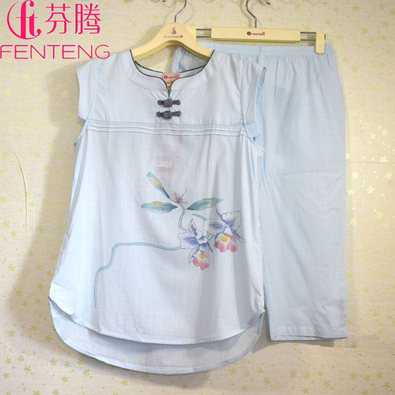 芬腾睡衣女套装梭织棉布无袖七分裤棉麻短袖薄款家居服2020夏新款