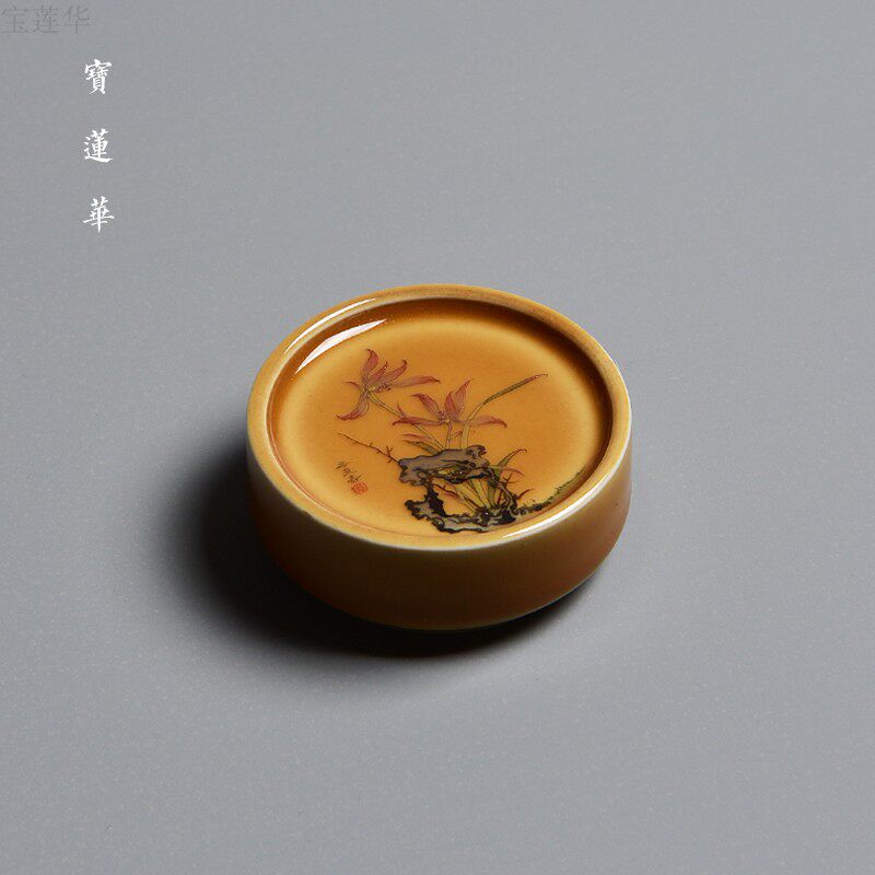 手绘兰石图珐琅彩老黄釉盖置 景德镇陶瓷盖托 盖架杯垫杯托壶盖座