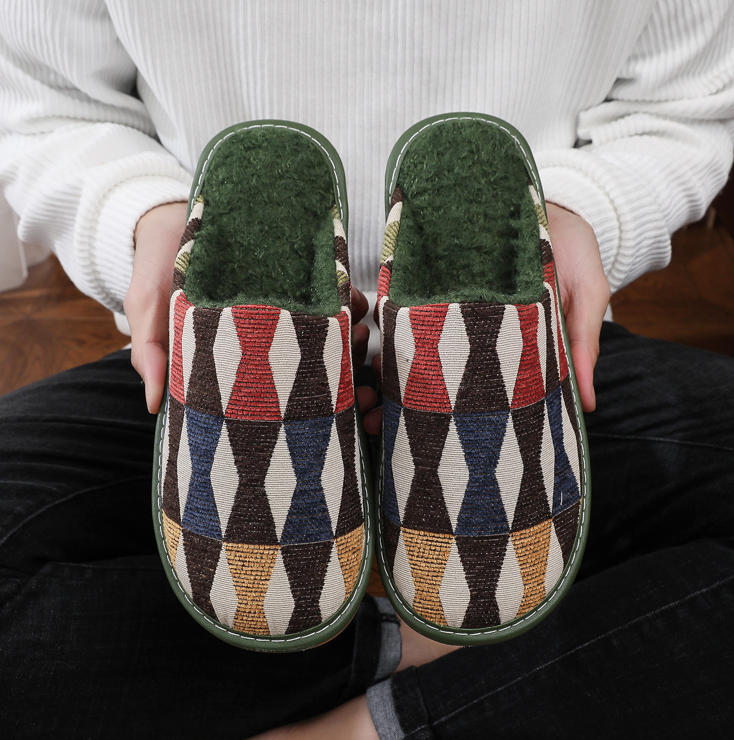 居家拖鞋棉拖鞋男女情侣款加厚居家室内防滑保暖毛绒懒人鞋秋冬款