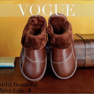 子软底棉鞋 家用拖鞋 鞋 牛皮居家室内冬季 真皮厚底防滑保暖老人暖鞋