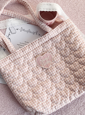 ins风绗缝格子帆布包女单肩手提包小众设计便携外出托特包