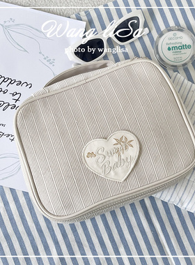 定制logo 刺绣爱心化妆包女便携小巧拉链收纳包旅行洗漱包米白色