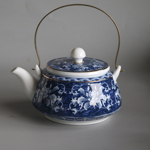 青花陶瓷茶壶大号花草茶具泡茶壶釉中提梁壶家用单壶热水壶大容量
