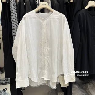 单排扣韩系一手长衬衣 宽松大版 后背开衩蕾丝拼接白色衬衫 女春新品