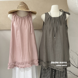 韩系领口系带木耳边亚麻背心裙夏宽松显瘦叠穿背心别致衬衫娃娃衫