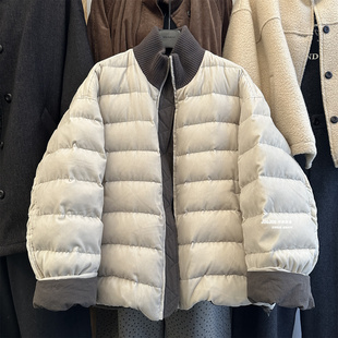 两面穿立领灰杏色丝绒排骨羽绒服女冬季新品保暖90白鸭绒短外套