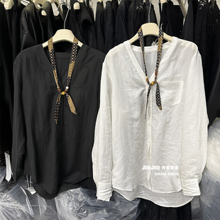 老钱风简约丝巾V领衬衫女春装新品显瘦百搭单排扣韩系上衣打底衫