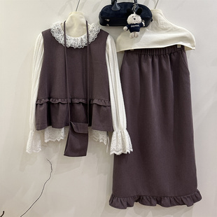 中长款 背心 开衩半身裙 配包包秋新品 小众木耳边设计紫色毛呢套装