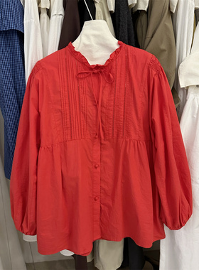 重工褶皱红色中长款衬衫秋装新品宽松领口木耳边系带衬衣精致上衣