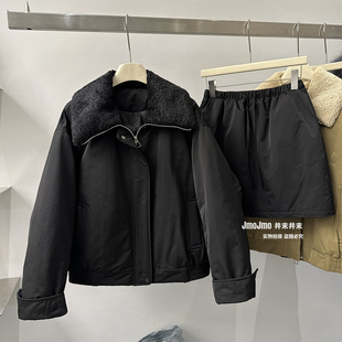 羊羔毛领子派克服羽绒套装冬季保暖90白鸭绒短外套+半身裙两件套