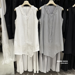 领口木耳边V领系带连衣裙女夏季ins新品下摆拼接中长裙显瘦背心裙